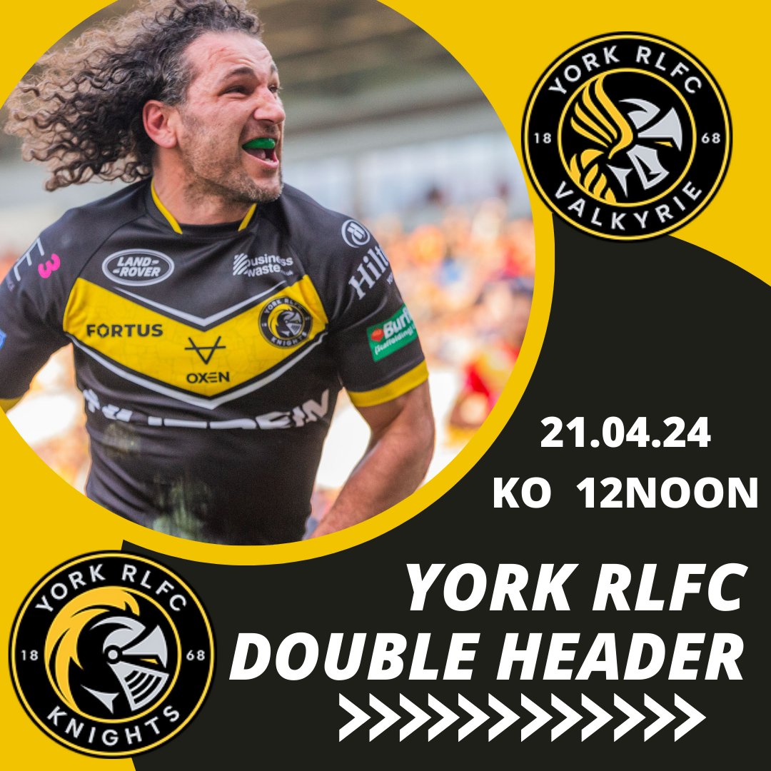 It's another double header this Sunday (21st) as Valkyrie take on St Helen's & Knights take on Bradford Bulls, KO 12:00 & 15:00 respectively. Get your tickets here - loom.ly/F3MGQO8 🏉 #YorkKnights #YorkValkyrie #RiseUp #RugbyLeage #DoubleHeader #LNERYorkCommunityStadium