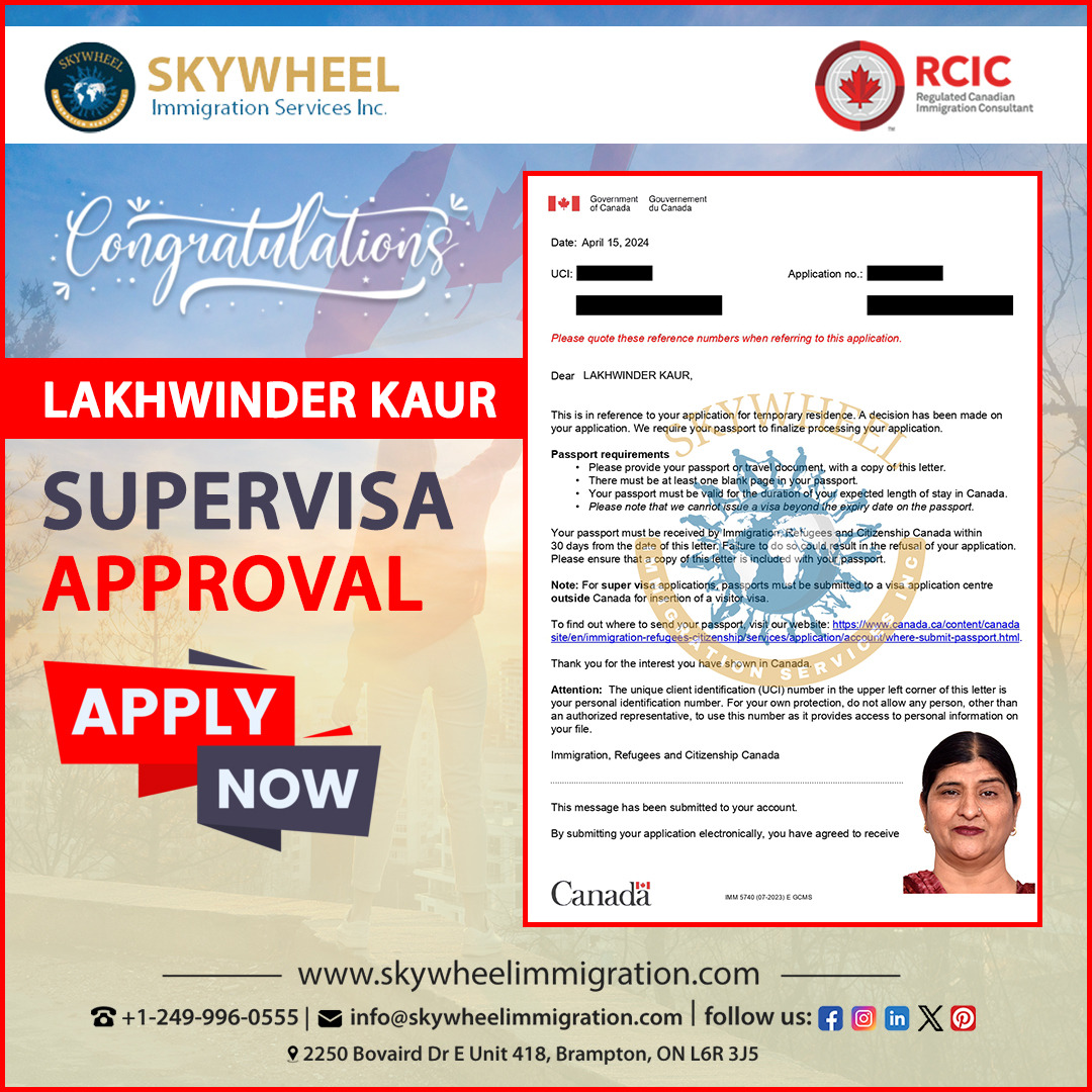 Congratulations to our satisfied client for (Super Visa Approval)
.
Contact Us
+1249-996-0555
+1-647-506-0555
skywheelimmigration.com
info@skywheelimmigration.com
.
.
#skywheelimmigration #supervisa #canada #visitorvisa #expressentry #immigrationconsultant #workpermit