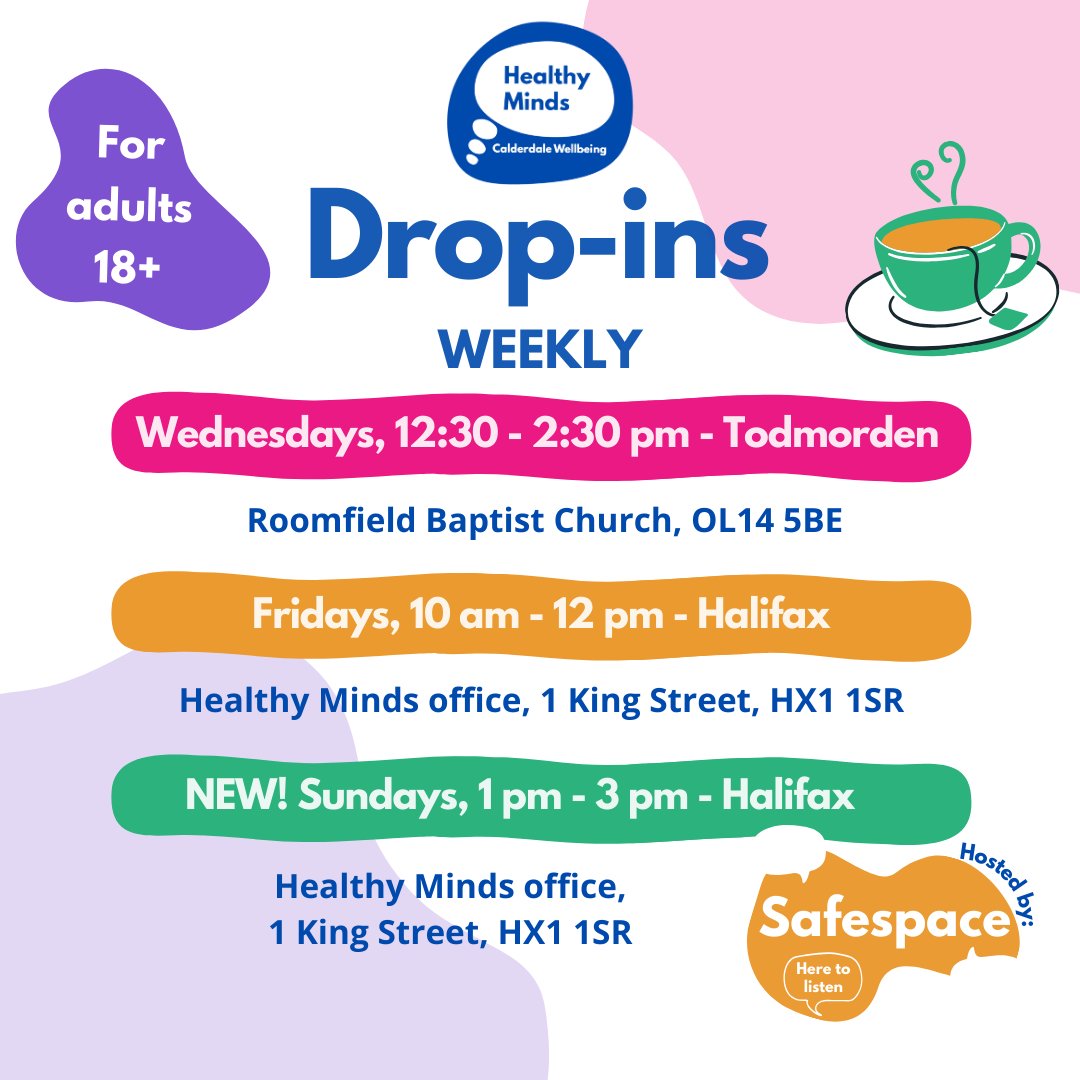 Join us for our weekly drop-ins: 📅 Weds, 12:30 - 2:30pm at Roomfield Baptist Church in Todmorden 📅 Fridays, 10am - 12pm at our Halifax office 📅Safespace Sunday Drop-in, 1-3 pm in Halifax Find out more about our drop-ins online: healthymindscalderdale.co.uk/drop-ins