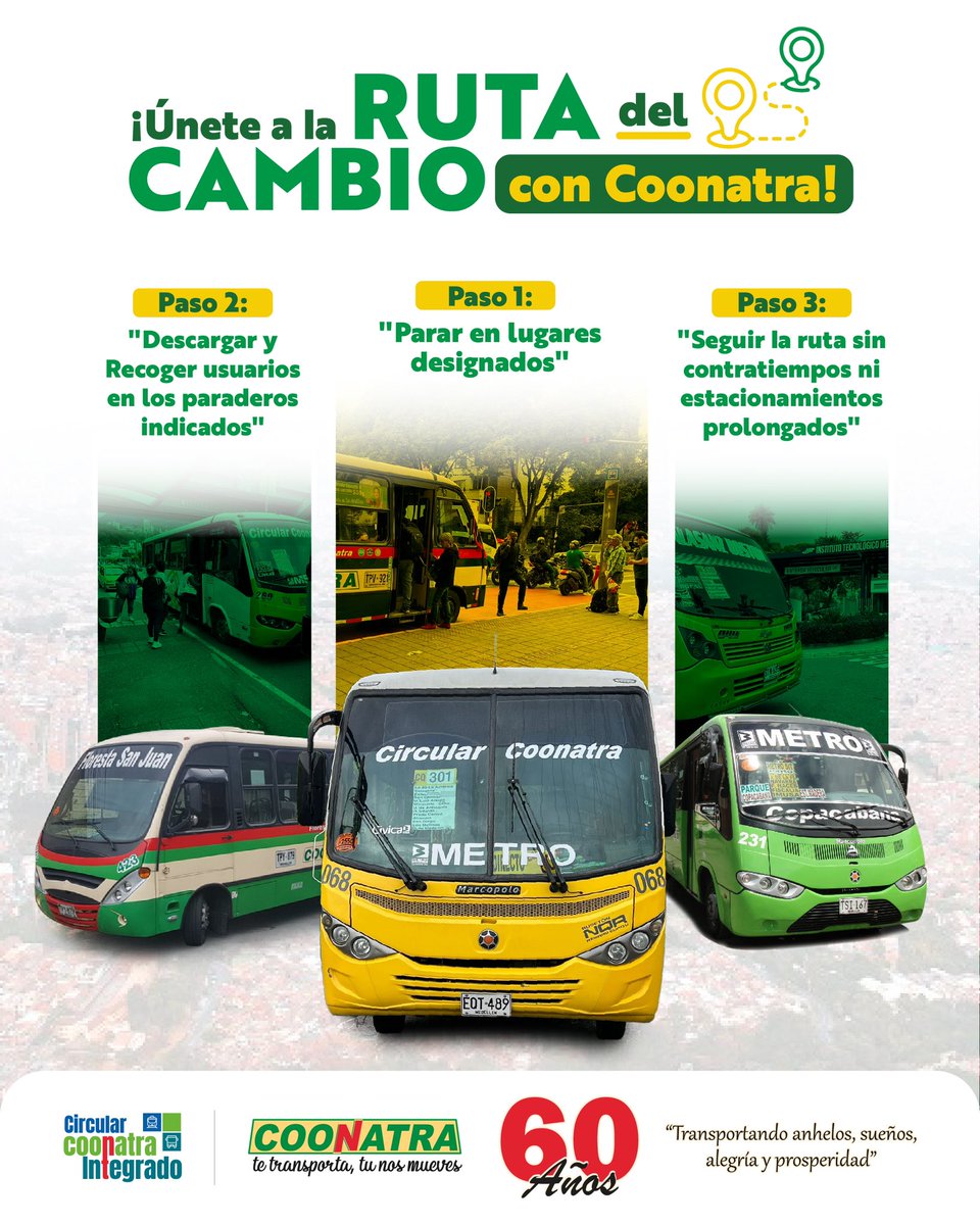 #Coonatra celebra próximamente 60 años impulsando el cambio hacia una movilidad eficiente y verde. 🚌💚 

🛑 Usa paradas designadas
🚏 Recogida y bajada en paraderos
🕒 Sin demoras

¡Únete al viaje sostenible! #RutaDelCambio #60Años #TransporteSostenible