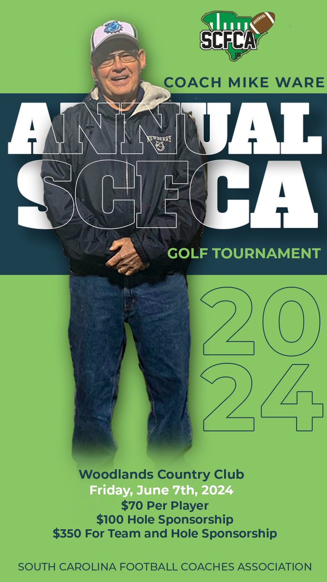 Join us for the Coach Mike Ware SCFCA Golf Tournament on June 7th at the Woodlands Country Club. All proceeds go towards the purchase of @NorthSouthFB Coaches rings. If you can’t play, consider sponsoring a hole. @CarolinaCoaches @SoSportsCentral docs.google.com/forms/d/1ePkhj…