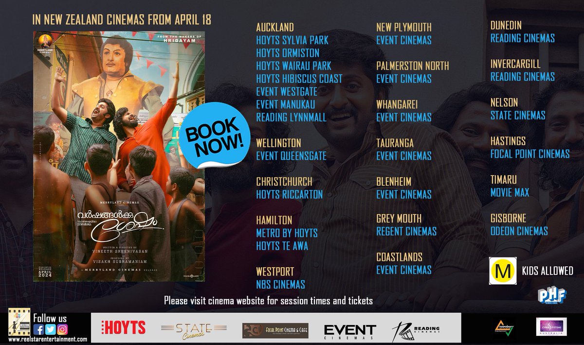 New Zealand! Locations out now! Vineeth Sreenivasan’s masterpiece❤️ Varshangalkku Shesham- In cinemas across New Zealand from April 18😊 Tickets on sale now. A must watch tale of friendship and reunion😍
Get your tickets now!

#vineethsreenivasan #merrylandcinemas #nivinpauly