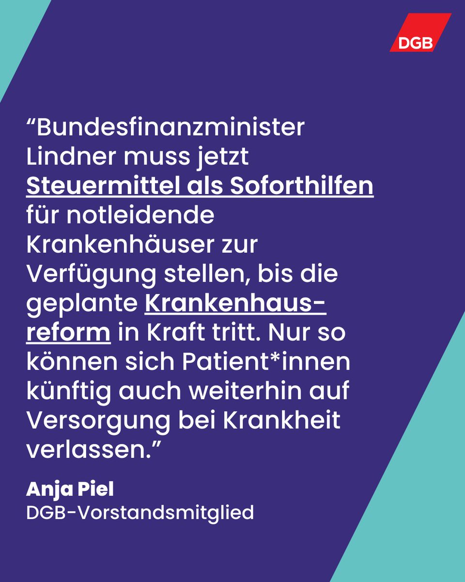 Auf die #Krankenhausreform darf nicht gewartet werden. 'Schon jetzt stecken viele Kliniken in einer dramatischen Situation', warnt unsere Vorständin @Anja_Piel und fordert, auch mit Soforthilfen eine gute Krankenhausversorgung sicherzustellen: dgb.de/-/87T
