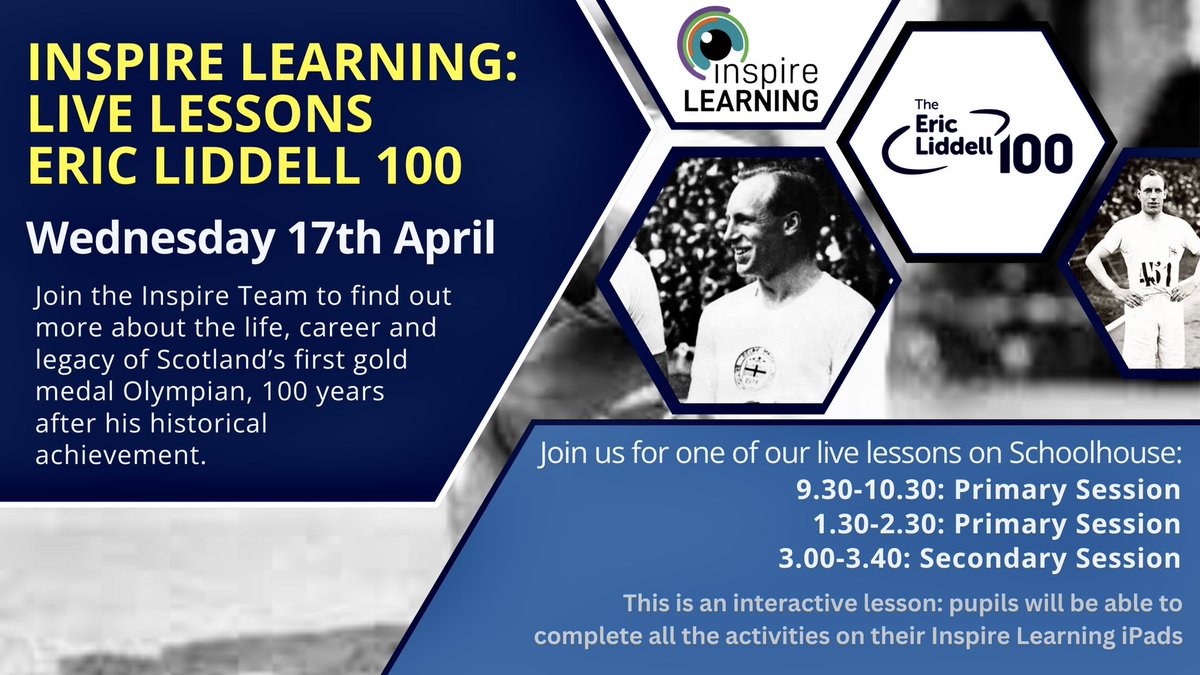 Inspire Learning (@inspiresbc) on Twitter photo 🥇ERIC LIDDELL 100 - LIVE LESSON 🏃
It’s 100years since #EricLiddell won the 1st Scottish gold medal at the 1924 Paris Olympics. To celebrate this event & his close ties with athletics&rugby in the #ScottishBorders we are running live lessons tomorrow for <a href="/SBCEducation1/">SBC Education</a> schools 🥇ERIC LIDDELL 100 - LIVE LESSON 🏃
It’s 100years since #EricLiddell won the 1st Scottish gold medal at the 1924 Paris Olympics. To celebrate this event & his close ties with athletics&rugby in the #ScottishBorders we are running live lessons tomorrow for <a href="/SBCEducation1/">SBC Education</a> schools