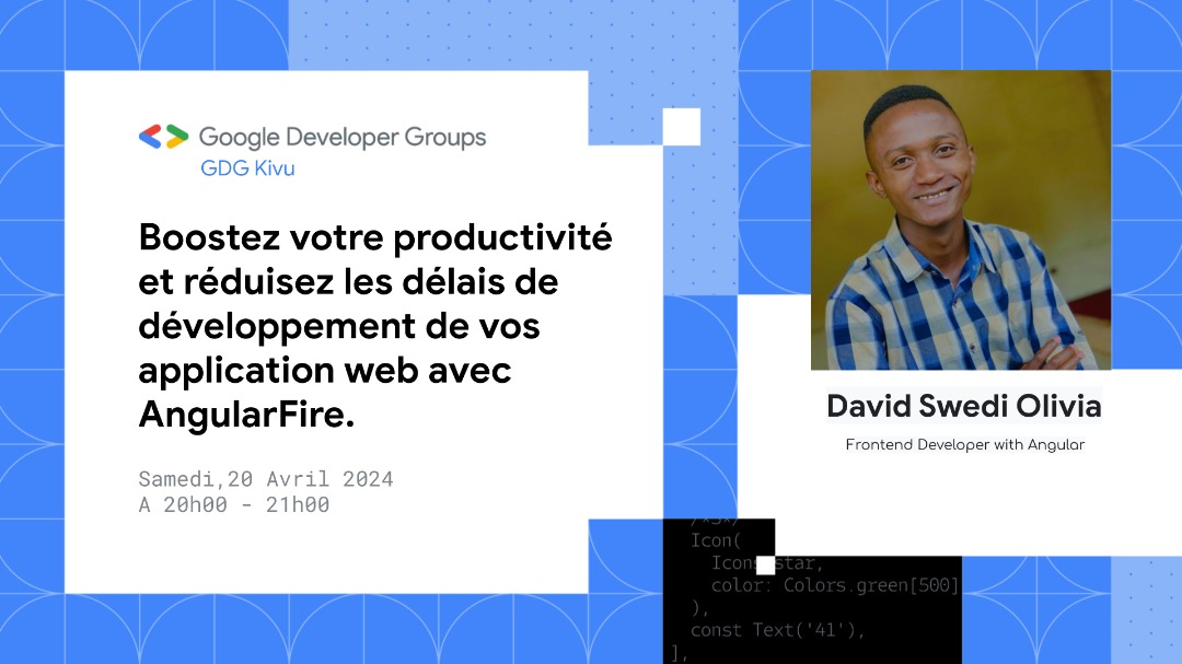 GdgKivu's tweet image. Hey cher Dev !
Le rendez-vous est pris 🥳🥳
Joignez-ns ce samedi à partir de 20h00 GMT+2 avec @swedi_david qui nous parlera de "Comment booster sa productivité et réduire les délais de développement de nos apps web avec #AngularFire 🔥 !"
RSVP :
gdg.community.dev/j/6fwg8spzgmpj…
👨🏾💻💯