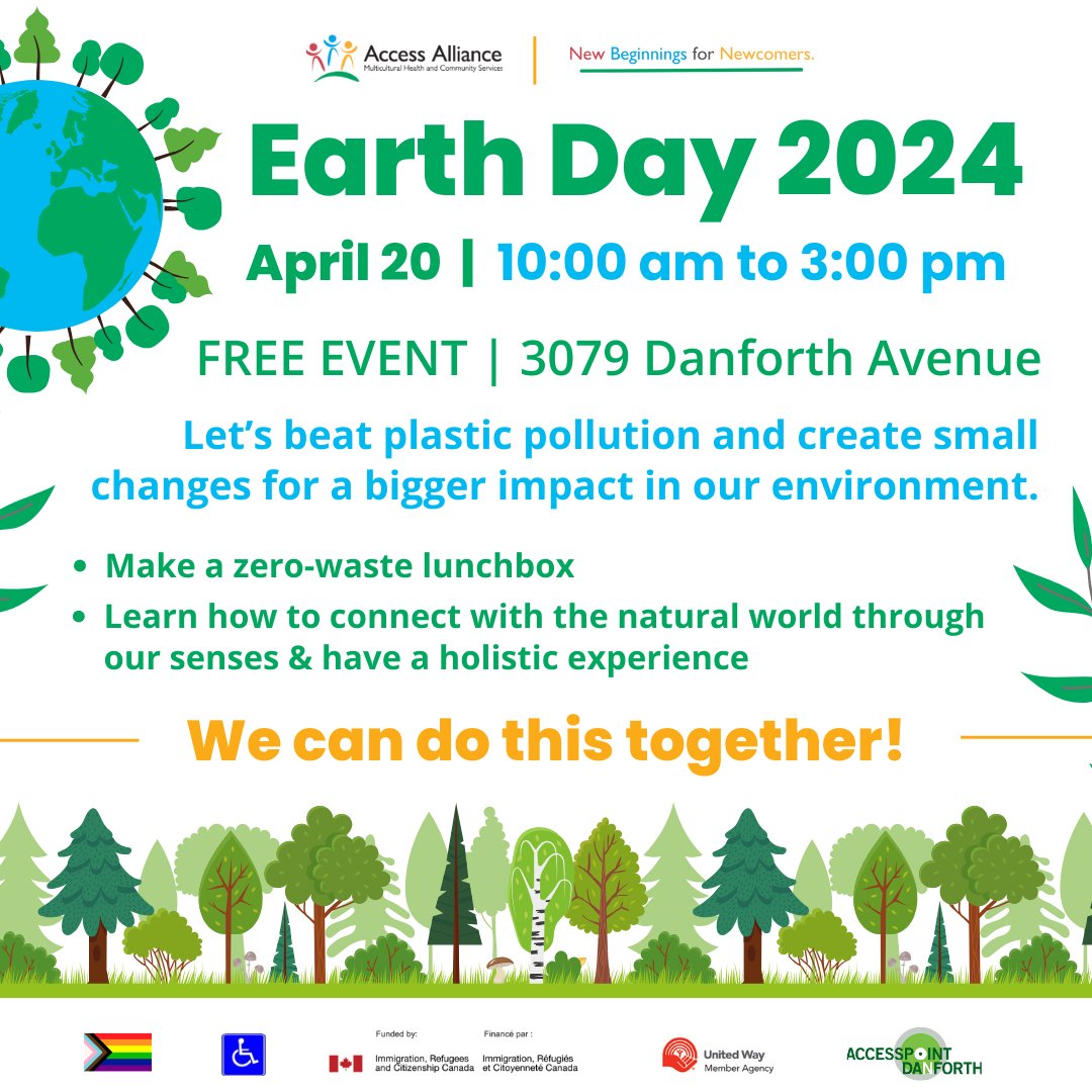 ☀🌳🌼Join us April 20th as we celebrate Earth Day! Discover ways to reduce plastic pollution and save the environment. Every step counts 💚 For more info contact: youth@accessalliance.ca We look forward to seeing you there!