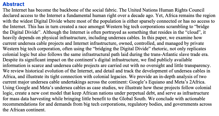 New paper from Esther Mwema &I! Undersea cables in Africa: The new frontiers of digital colonialism current undersea cables Africa not only replicate colonial logic but also follows same infrastructural path laid during the trans-Atlantic slave trade era firstmonday.org/ojs/index.php/…