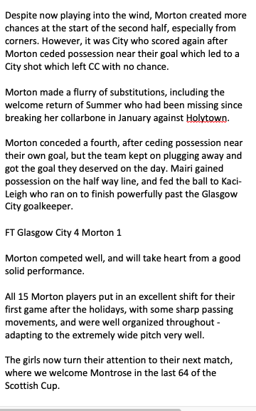 Match Report v Glasgow City