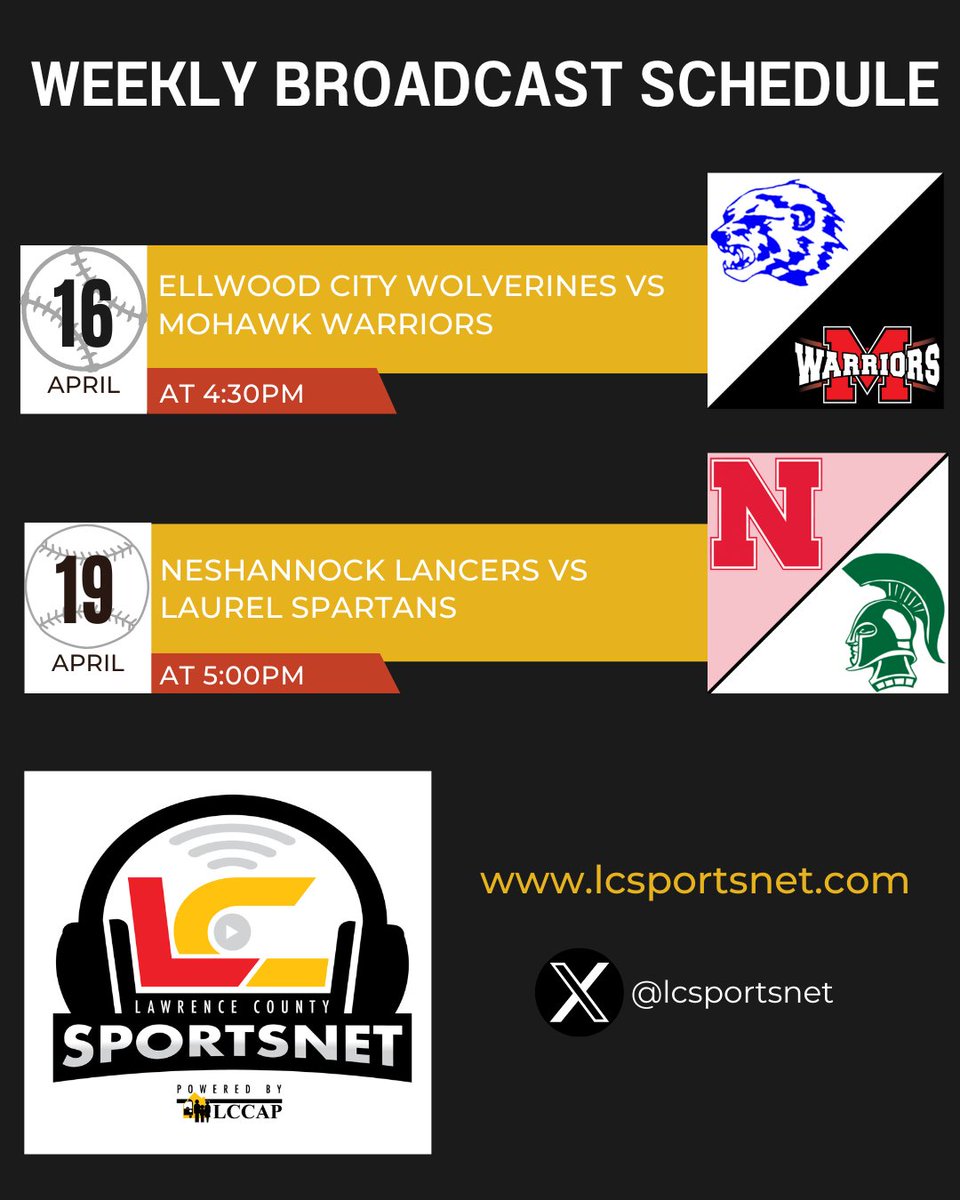 Tune in this week to @LCSportsNet to watch your favorite #highschoolathletes! Tue 4/16 @ 4:30pm- Ellwood City Wolverines at Mohawk Warriors lcsportsnet.com/2024/04/mohawk… Fri 4/19 @ 5pm- Neshannock Lancers at Laurel Spartans lcsportsnet.com/2024/04/neshan… #baseball #softball