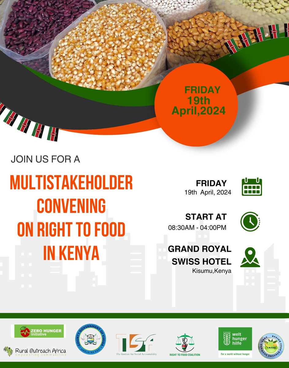 TISAKenya's tweet photo. 📢 Join us for a Multistakeholder, Convening on the Right to Food in Kenya! 🌾🍲 

🗓️ Date: April 19th
📍 Location: Grand Royal Swiss Hotel, Kisumu, Kenya

Let's collaborate to ensure everyone has access to nutritious food! #RightToFood #Kenya #Collaboration #FoodSecurity 🌍🤝 https://t.co/YmgzFIqbbA
