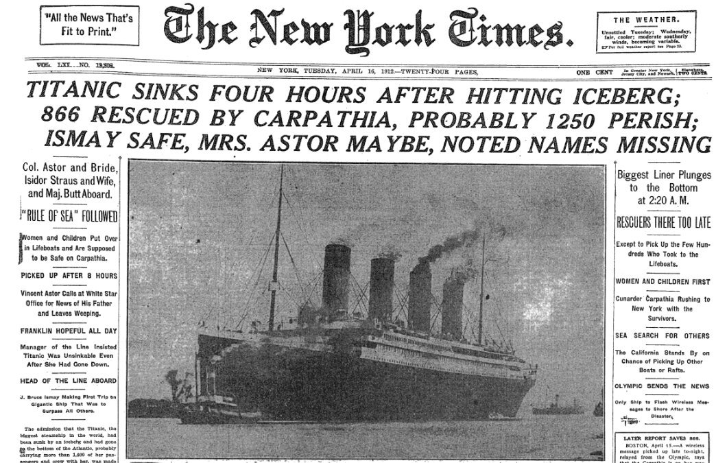 The New York Times on this date April 16 in 1912: Titanic sinks. #OTD