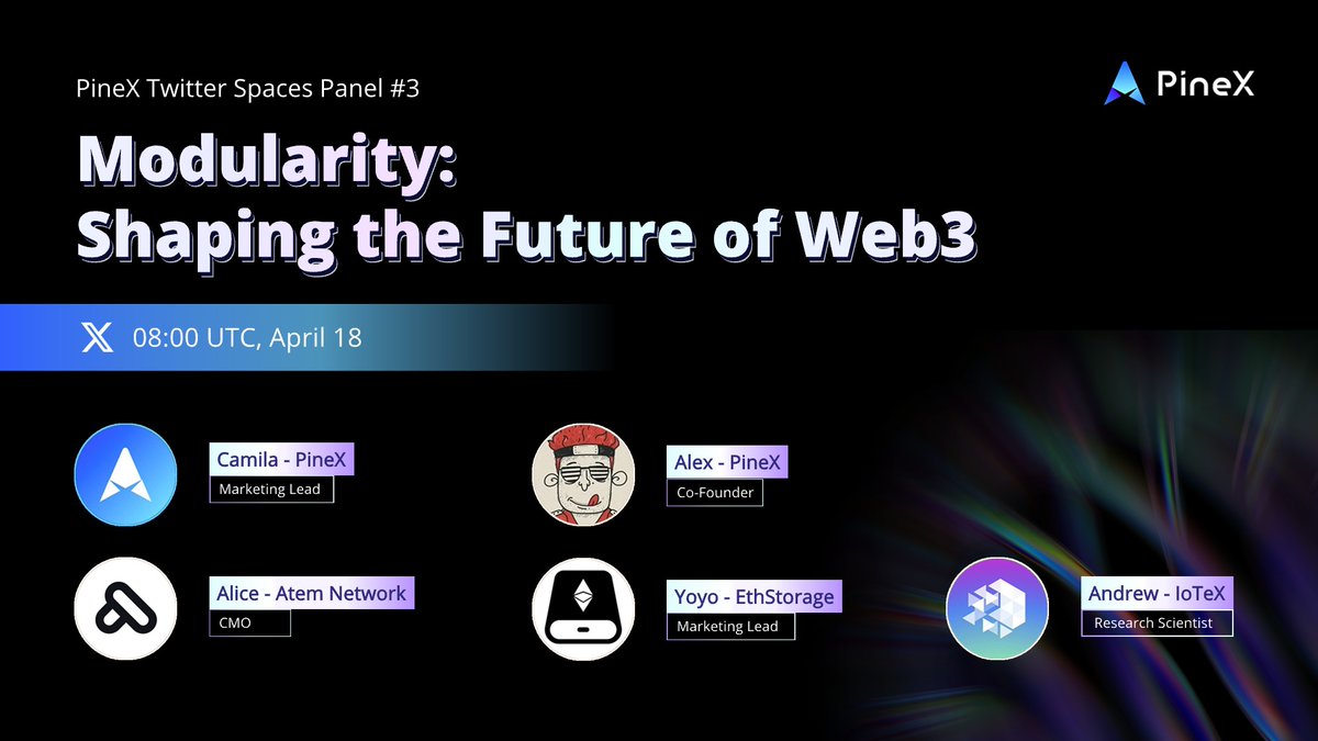 Join us for the third episode of #PineXTalk on 'Modularity: Shaping the Future of Web3' with @atem_network, @EthStorage and @iotex_io. 🗓️ 8AM UTC April 18, 2024 📍 Mark your calendar: x.com/i/spaces/1pljq… Discover how embracing modularity revolutionizes Web3, enhancing…