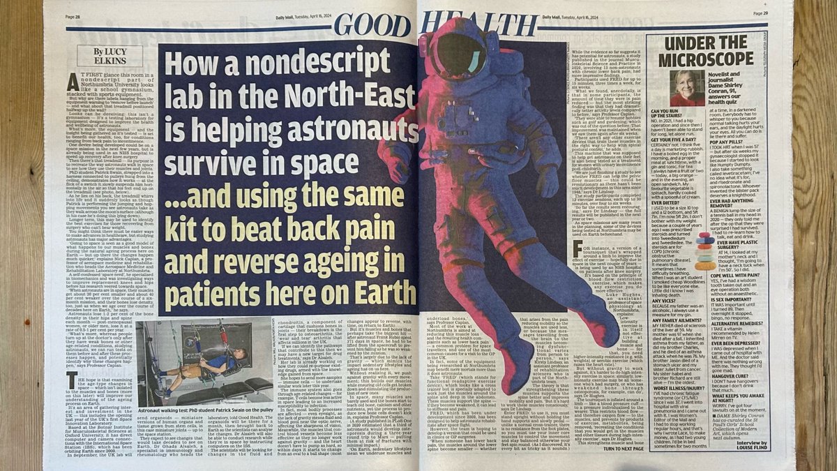 Great to feature in today’s @DMAILhealth on how research within our @NUaerospacemed is helping astronauts survive in space. Thank you @Lucyelkins1 

orlo.uk/IyHxQ 

#TakeOnTomorrow #space #health