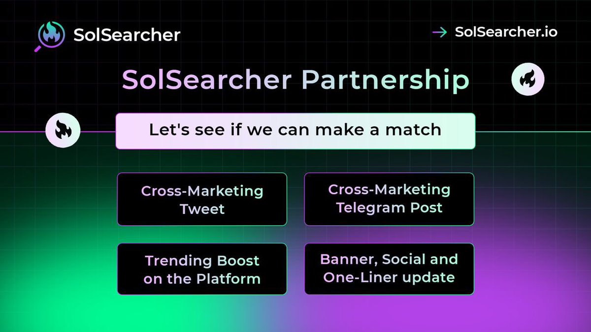 Introducing SolSearcher partnership program! Full announcement: t.me/c/2009169729/1… #SolSearcher #Solana #LaunchDay #Bitmart #Binance