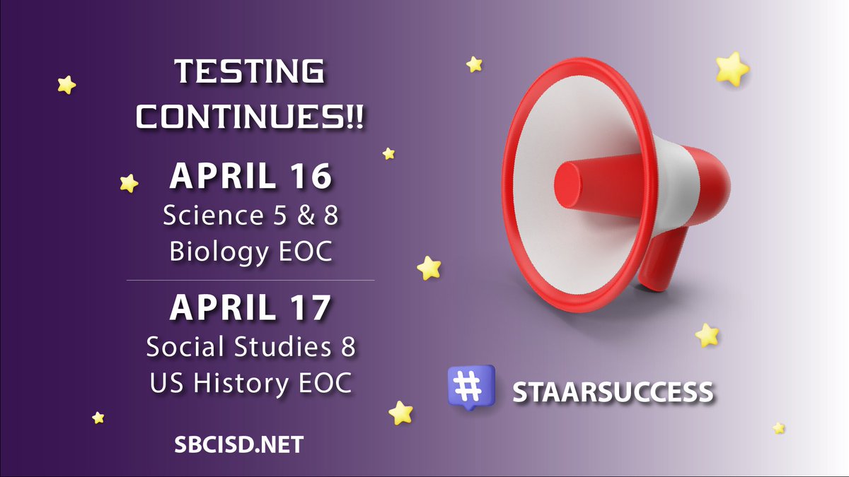 SanBenitoCISD's tweet image. ⭐️ TESTING CONTINUES ⭐️
🙋🏻 Be present 
⌚️Be on time
🥞Eat a healthy balanced breakfast and
✅Do your BEST! 
#GoodLuck and #HappyTesting
