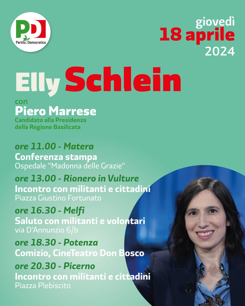 PdBasilicata's tweet photo. Evento del giorno 18/04
ELLY SCHLEIN con PIERO MARRESE
#PdBas #siamodallapartegiusta #votapartitodemocratico #unitisivince con #marresepresidente #regionali2024 #svegliamolabasilicata
๐ resta aggiornato ๐
https://t.co/ZeUsThKp98 https://t.co/ggFPZNwouG