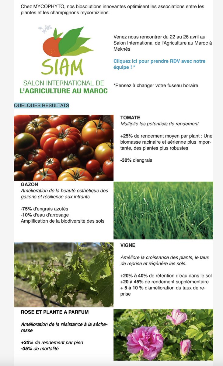 #SIAM2024
Nous serons au Salon International de l'Agriculture au Maroc "SIAM"​ du 22 au 26 avril pour présenter nos solutions en faveur de la performance des récoltes, de  la régénération des terres et contre le stress hydrique. 

<a href="/BertrandPorquet/">Bertrand Porquet</a> <a href="/JustineLipuma/">Lipuma Justine</a> <a href="/Detourbetmyco/">Detourbet Jean-Nicolas</a>
