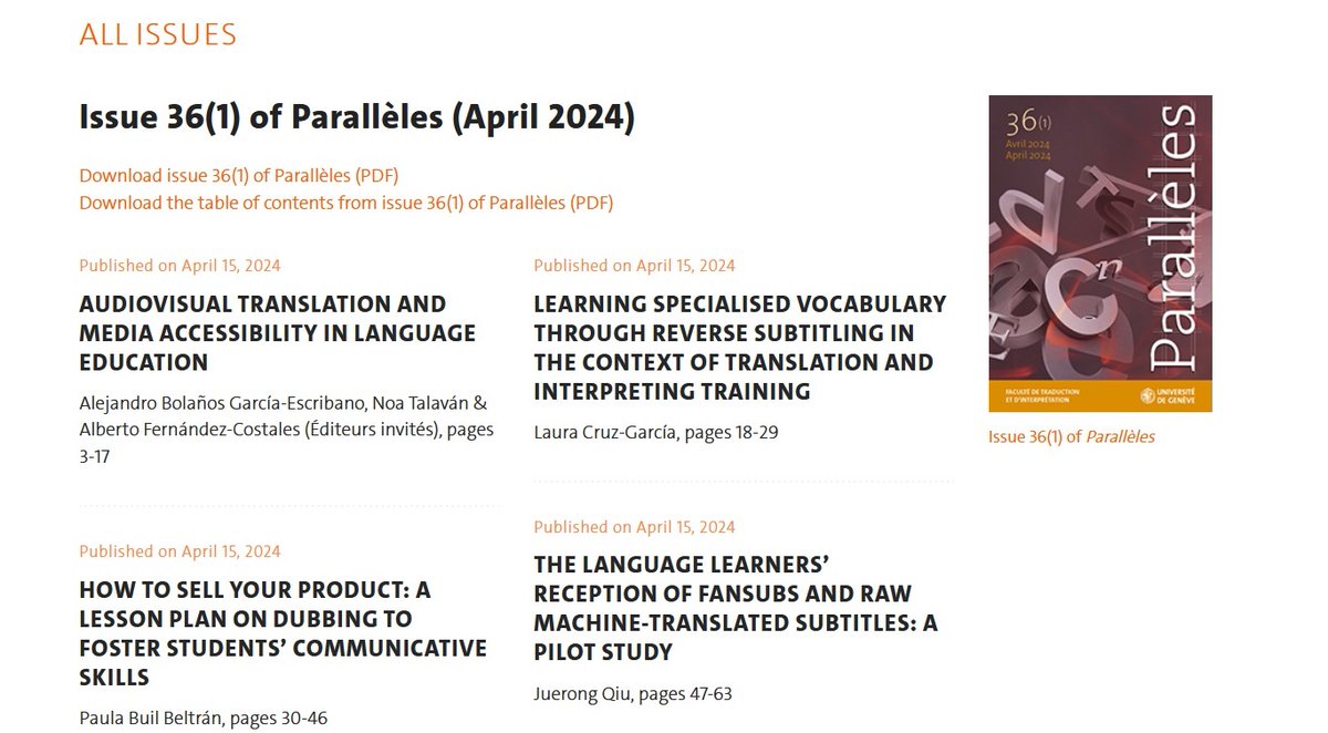 The latest issue of #Parallèles: 36(1), April 2024 is out: paralleles.unige.ch/en/tous-les-nu… This special issue on #Audiovisual #Translation and #Media #Accessibility in #Language #Education is guest edited by @abolgaresc, @NTALAVAN & Alberto Fernández-Costales #FTI #journal #accessible