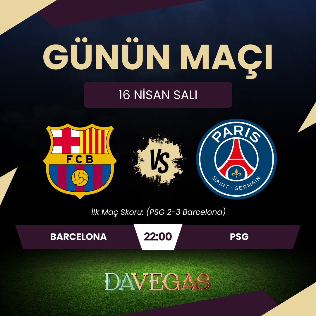 🏆 Şampiyonlar Ligi çeyrek finalinde önceki karşılaşmalarında evinde PSG'yi 2-3 mağlup eden Barcelona, rakibini evinde ağırlıyor. Akşamın en önemli maçlarını #Davegas'taki muhteşem oranlarla taçlandır! Davegas Giriş: bit.ly/3TaG3Jd