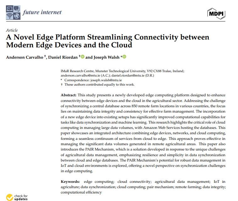 New publication from @imar_ie team in the Journal of Future Internet: 'A Novel Edge Platform Streamlining Connectivity between Modern Edge Devices and the Cloud' Read more: mdpi.com/1999-5903/16/4… @ballymacdan @jw_tra