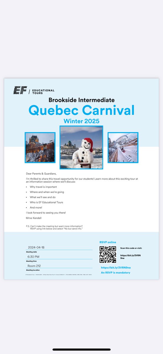 Info meeting for Québec 2025 trip here at Brookside Thursday, April 18 at 630! Please share!