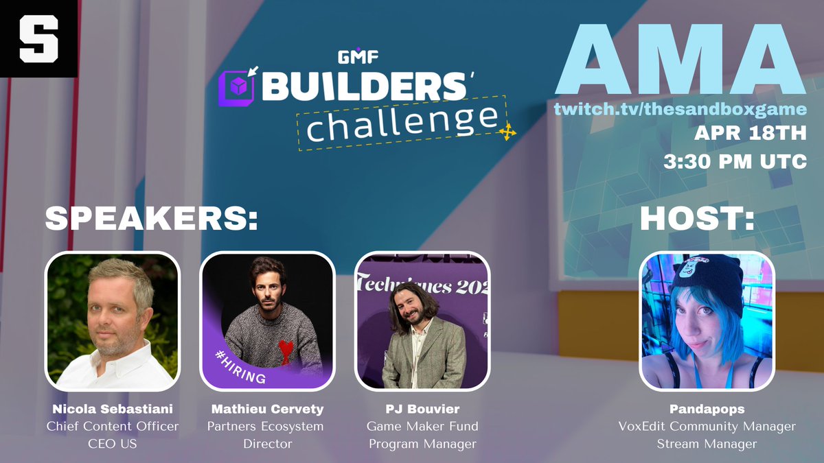 CREATORS! 📣 Got any pressing questions about the #TSBBuildersChallenge? 🤔 Join your host @Pandapops7 alongside PJ, @mathieucervety and @tsbnicolas for another AMA this Thursday! 🗓️ April 18th ⏰ 3:30 PM UTC Submit your questions 👇 tsbga.me/BC-AMA