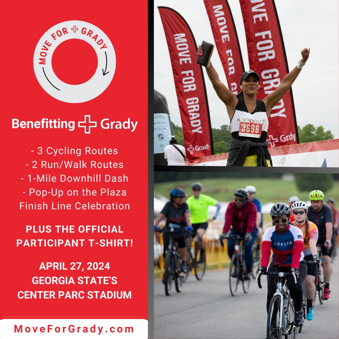 FB4KAtlanta's tweet photo. Who's joining us for @MoveForGrady on Saturday, April 27? Come ride, run, or walk with us – and stay afterward to celebrate crossing the finish line! 100% of funds benefit Grady ❤️ Register at https://t.co/PFO3bpDeas https://t.co/OsHqZo9OW7