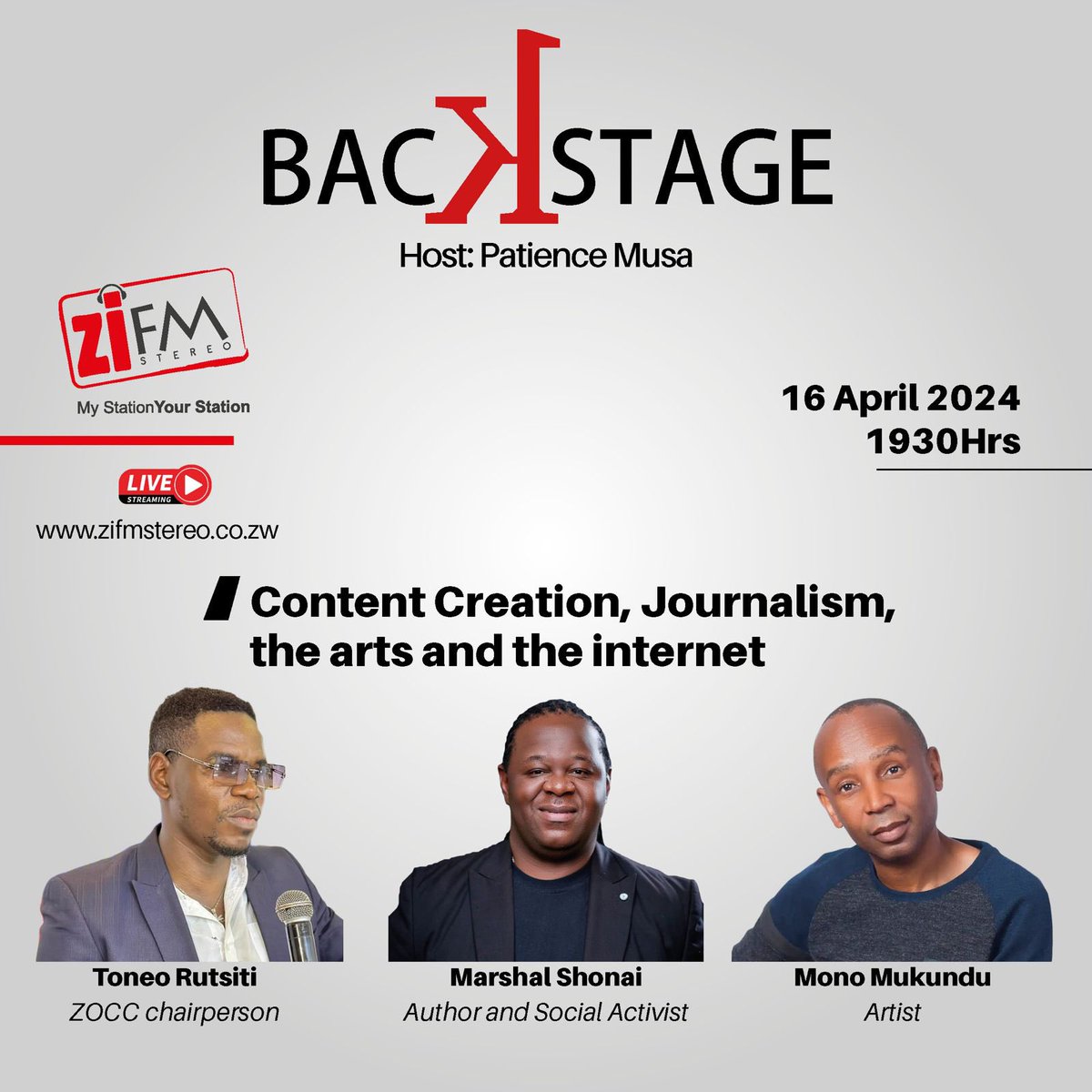 Tune in tonight in @ZiFMStereo as our chairperson @toneo1st discusses content creation , journalism and arts with other 2 guests @MONOMUKUNDU and Shonhayi