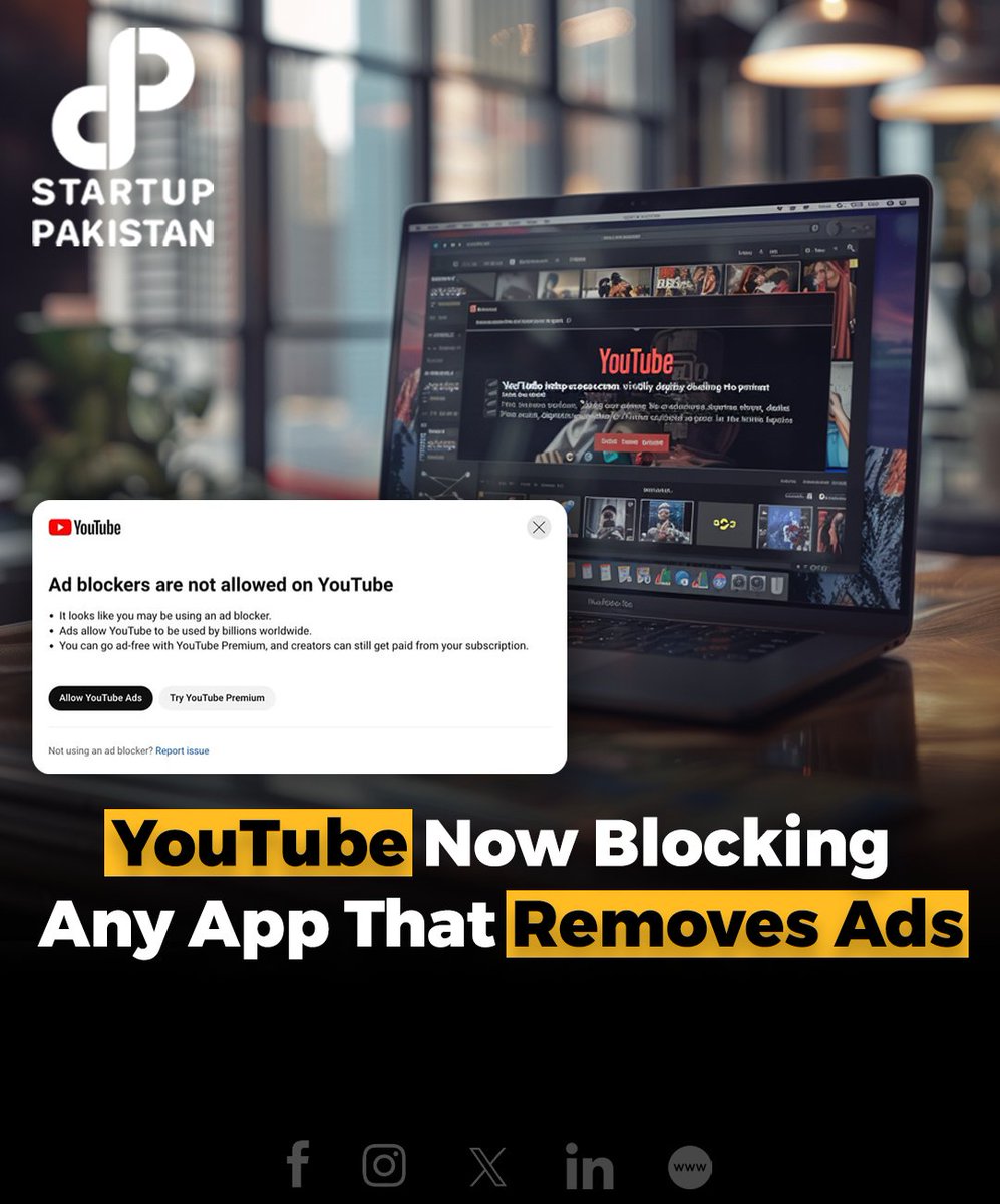 PakStartup's tweet photo. YouTube is stepping up its fight against ad blockers, now targeting third-party apps to promote YouTube Premium subscriptions.
#YouTubeAdBlock #YouTube #ThirdPartyBlock https://t.co/JxNTUoEjdf