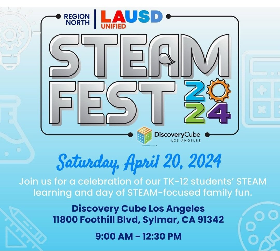 S.T.E.A.M. is Science, Technology, Engineering, Arts, & Mathematics. Integrating these subjects promotes hands-on learning, critical thinking, & creativity among students. Join us at the Discovery Cube in Sylmar, Saturday at 9am. This event is FREE! @LASchoolsNorth @MsDamonte
