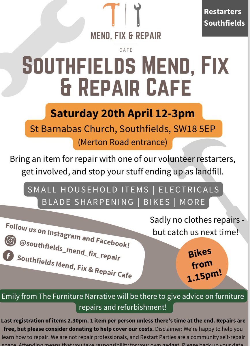 This Saturday in #Southfields. Come along to St Barnabas Church to the Mend, Fix and Repair cafe. Volunteers will be on hand to repair household items, bikes and more.