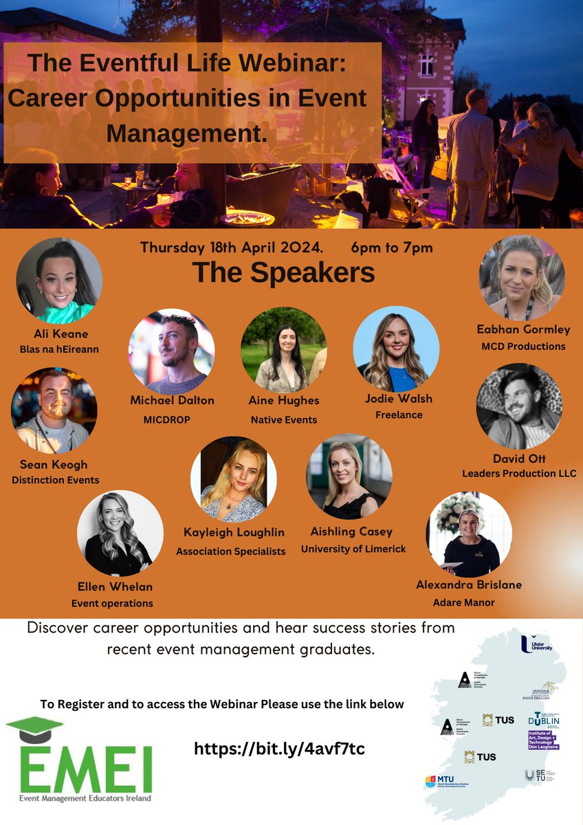 TUS_ie's tweet photo. Are you intrigued by the idea of a career in event management? Don't miss the "Eventful Life" webinar on Thursday, April 18th, from 6pm to 7pm! ✨ 

Secure your spot now by registering at this link: https://t.co/Kwsg6YUzVG 

#EventfulLife #EMEI https://t.co/awckmKveba