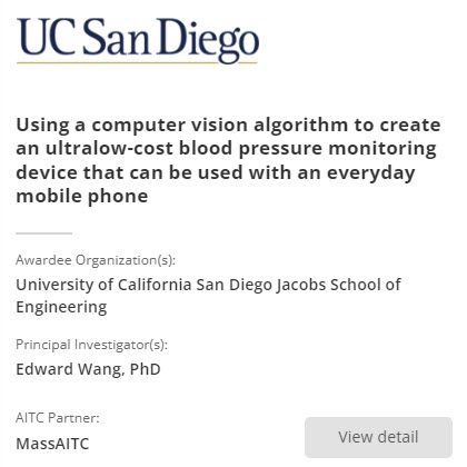 Exciting innovations from @UCSDJacobs, an #a2pilotawards #awardee! Partnered with @MassAITC and #cohort1, they're leveraging #computervision for ultralow-cost #bloodpressure monitoring on mobiles. bit.ly/43gK7KT cc: @ejaywang @nihaging