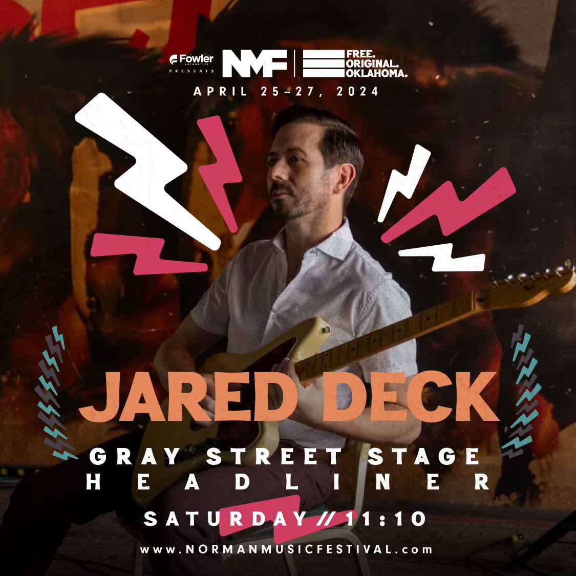 Git ready for @NormanMusicFest! Headlining #GrayStreet stage on Sat, 4/27, 11pm. Soulful set just for #NMF and can’t wait. #normanok #normanmusicfest #oklahoma #musicfestival #reddirtmusic #americanamusic #singersongwriter #oklahomauniversity #ousoonersfootball #campuscorner