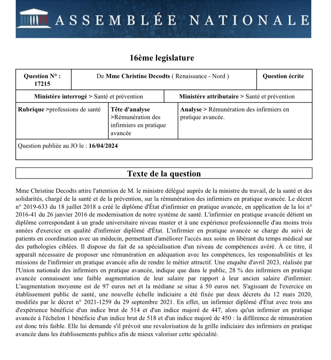 🏛️Merci à Christine Decodts pour sa question au gouvernement, relative à la rémunération des #IPA dans la fonction publique. 

Comme le relève notre enquête, 28% des IPA perdent ou ne gagnent pas d’argent en comparaison de leur salaire d’IDE, et <a href="/laFHF/">FHF</a> estime l’augmentation du