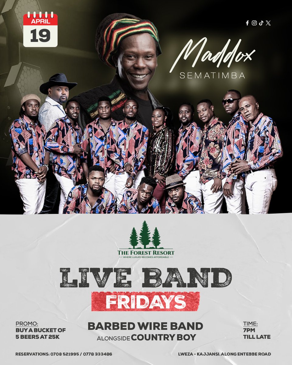 🎶 Live Music Alert! 🎷 Don't miss the electric energy of Maddox and Barbed Band performing live ! 🤘 📆 19th/04/2024 📍 Forest Resort Lweza ⏰ 7pm till lat Make a call now and join the rhythm of the night! 🎟️ Reserve your spot now @0708521995 #LiveMusic #Maddox #BarbedBand