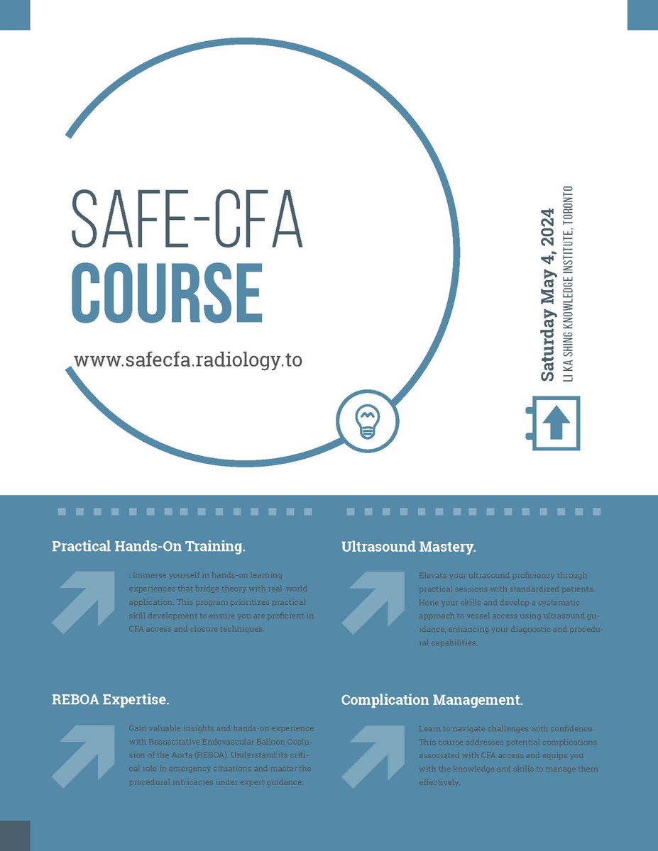 ** Calling all MDs & Trainees ** 
SAFE-CFA Course
Sat May 4th 830-1600

Sonographic Assessment and Fundamental Endovascular techniques for the Common Femoral Artery

Hands-On Training
Ultrasound Mastery
REBOA Expertise
Complication Management

Register at safecfa.radiology.to