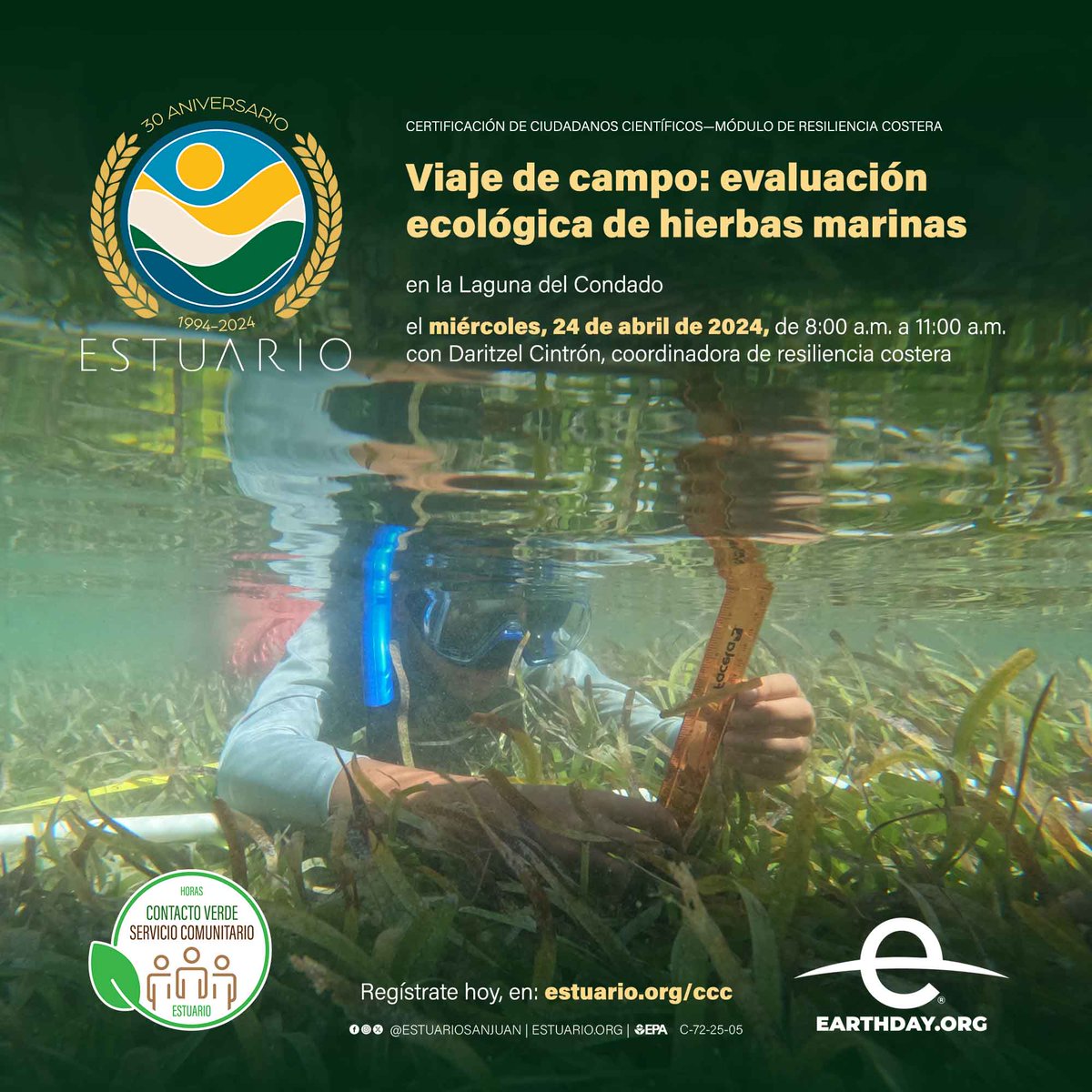 Ven a la próxima evaluación ecológica de hierbas marinas en la Laguna del Condado, el miércoles, 24 de abril, mes del planeta Tierra, de 8:00 a.m. a 11:00 a.m. Regístrate hoy, en: estuario.org/ccc — #puertorico #calidaddeagua #earthday