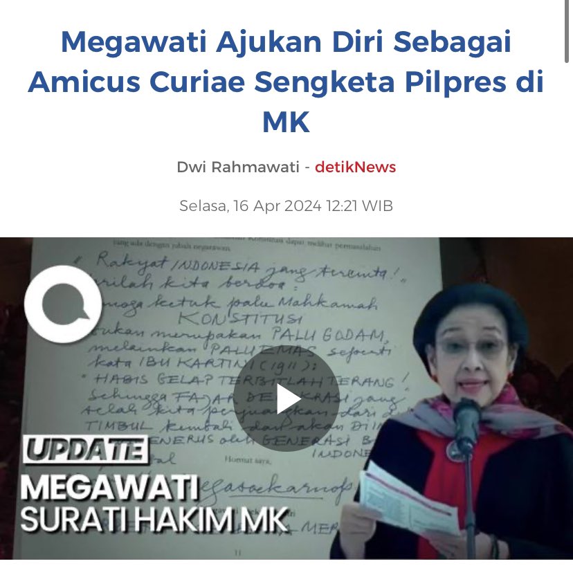 🚨BREAKING: Bu Mega ajukan diri sebagai Amicus Curiae sengketa pilpres di MK!

“Amicus Curiae” dalam bahasa Inggris disebut “friends of the court”, yang artinya sahabat pengadilan

Atau bisa dibilang Amicus Curiae adalah suatu konsep hukum yg memungkinkan pihak ketiga yg…