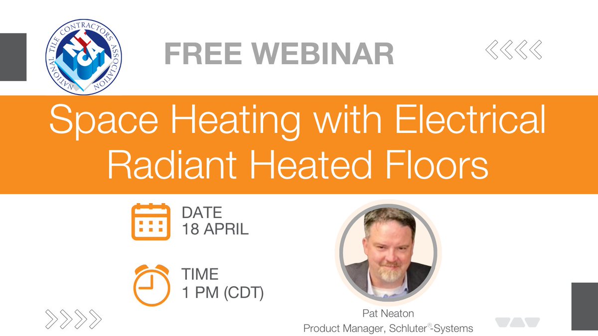 Save your spot! The National Tile Contractors Association (NTCA) is hosting a Free Webinar this Thursday with Schluter's Pat Neaton to discuss everything floor warming! REGISTER HERE: register.gotowebinar.com/register/16370… #NTCA #Schluter #Webinar #FloorWarming