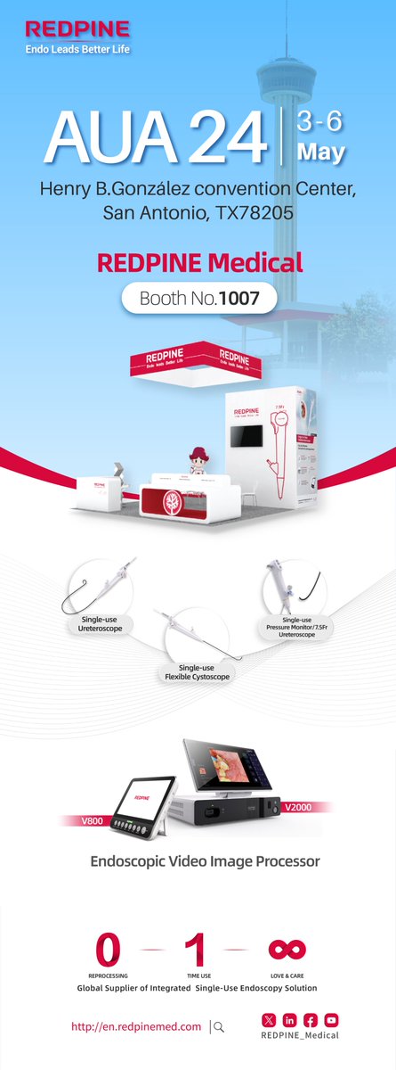 REDPINE_Medical's tweet photo. #REDPINE is thrilled to announce that we will showcase  innovated technology in #AUA24 in San Antonio, Texas from May 3-6,2024. 
Visit us at booth#1007, explore REDPINE Pressure Monitoring #Ureteroscope.
Let's pave the way for a healthier future in #endourology. 
@AmerUrological https://t.co/8eEl3XZ9tY