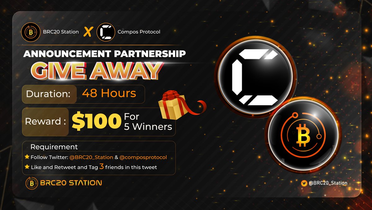 📢 PARTNERSHIP ANNOUNCEMENT 📢
<a href="/BRC20_Station/">BRC20 x RUNES Station ᛤ</a> 🤝 <a href="/composprotocol/">Compos Protocol</a>

💸 Giveaway $100 for 5 winners

🏆 To win
1️⃣ Follow <a href="/BRC20_Station/">BRC20 x RUNES Station ᛤ</a> &amp; <a href="/composprotocol/">Compos Protocol</a>
2️⃣ ❤️ + Retweet
3⃣ Tag 3 friends 

⏰ 48H

#BRC20 #Ordinals #Giveaway #Bitcoin