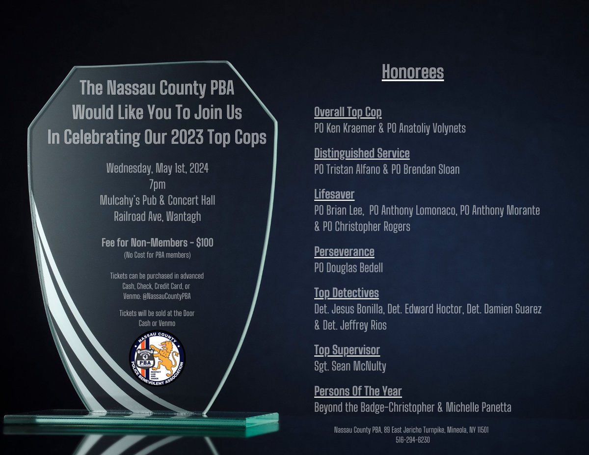 Join us on Wednesday, May 1st at Mulcahy's in Wantagh as we celebrate our 2023 #TopCops!