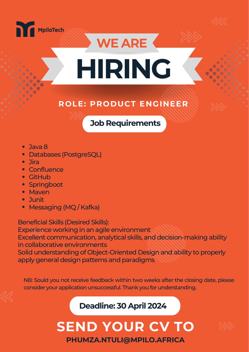 PRODUCT ENGINEER VACANCY ALERT!!! 📢📢  📢 

Join us for an exciting opportunity as a Product Engineer. 

Hiring Company: Mpilo Technologies
Position: Product Engineer
Salary: Market related
Term: 8 Months  

#MpiloTech
#productengineer 
#TechJobs