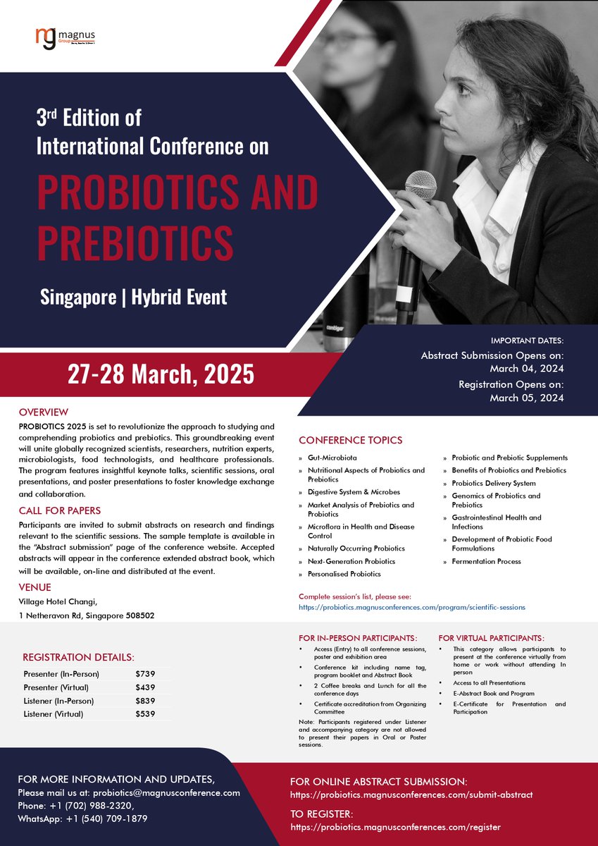 ProbioticMeet's tweet photo. 📢 Exciting News! 📢 We're thrilled to announce our upcoming conference, @ProbioticMeet, bringing together the brightest minds in Probiotics field during March 27-28, 2025 in Singapore organized by @magnus_group
Visit: https://t.co/cPorktTBcT
📞1 779-429-2143
📲1 (702)-988-2320 https://t.co/zZoB8o6N1E