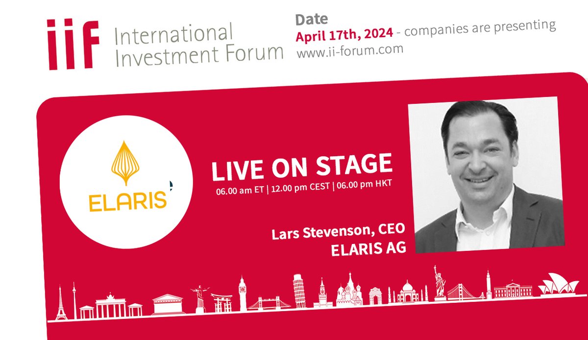 FINAL CALL: Elaris AG at the 11th International Investment Forum (IIF). Lars Stevenson, CEO, is presenting on April 17 at 06.00 am ET - 12.00 pm CET - 06.00 pm HKT. #emobility #evehicles #echarging Register now and free of charge: us06web.zoom.us/webinar/regist…