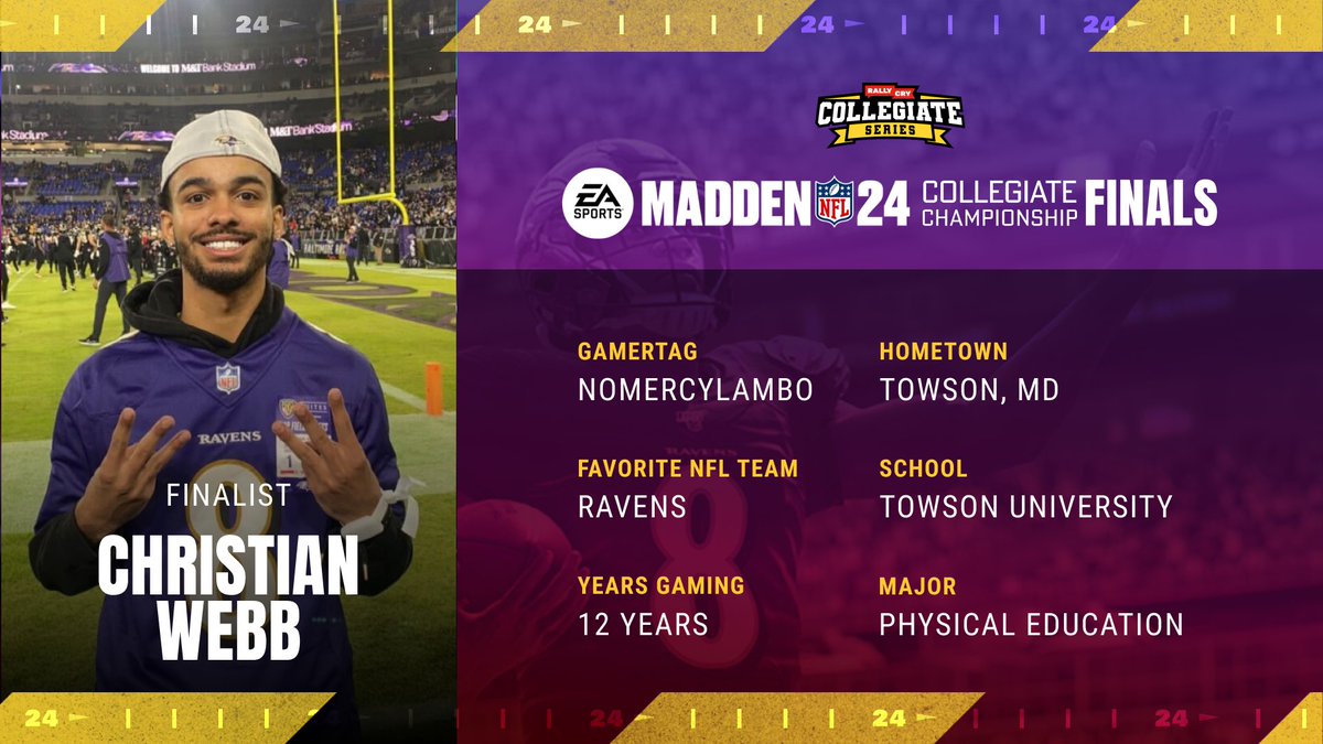 Introducing our first Madden Collegiate Championship finalist: @NoMercyLambo 💫 Christian is coming to finals as the #1 seed in the series! Watch him live in Detroit on April 25 to see if he wins the champion title. Get your free tickets to the finals: rally.gg/maddenfinals