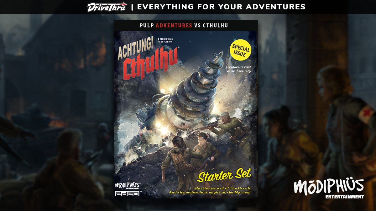 The Achtung! Cthulhu 2d20 Starter Set is available now from @Modiphius Get it here: tinyurl.com/ynhte78y Explore ancient ruins and forbidden knowledge! Battle fanatical cultists, crazed scientists, evil sorcerers, deadly Deep Ones and bizarre alien threats! #TTRPGs #Cthulhu