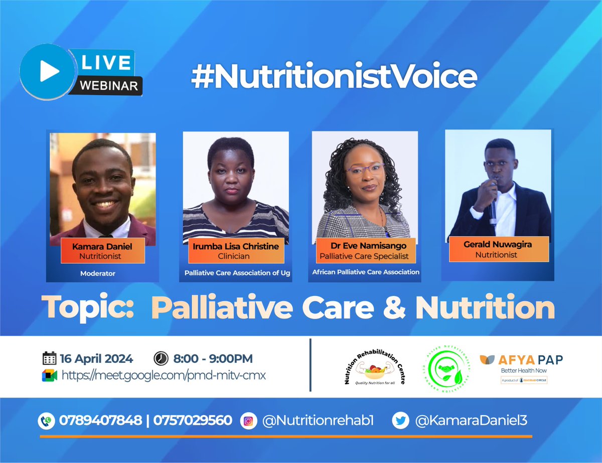 It's important to recognise the relevance of nutrition in palliative & chronic care. Use this link to join webinar on this topic; meet.google.com/pmd-mitv-cmx 8-9pm EAT @raysofhopejinja @hospaz @PCAUganda @NairobiHospice @KawempeCare @KidzCAN @EveNamisango @KamaraDaniel3 @DrLuyirika