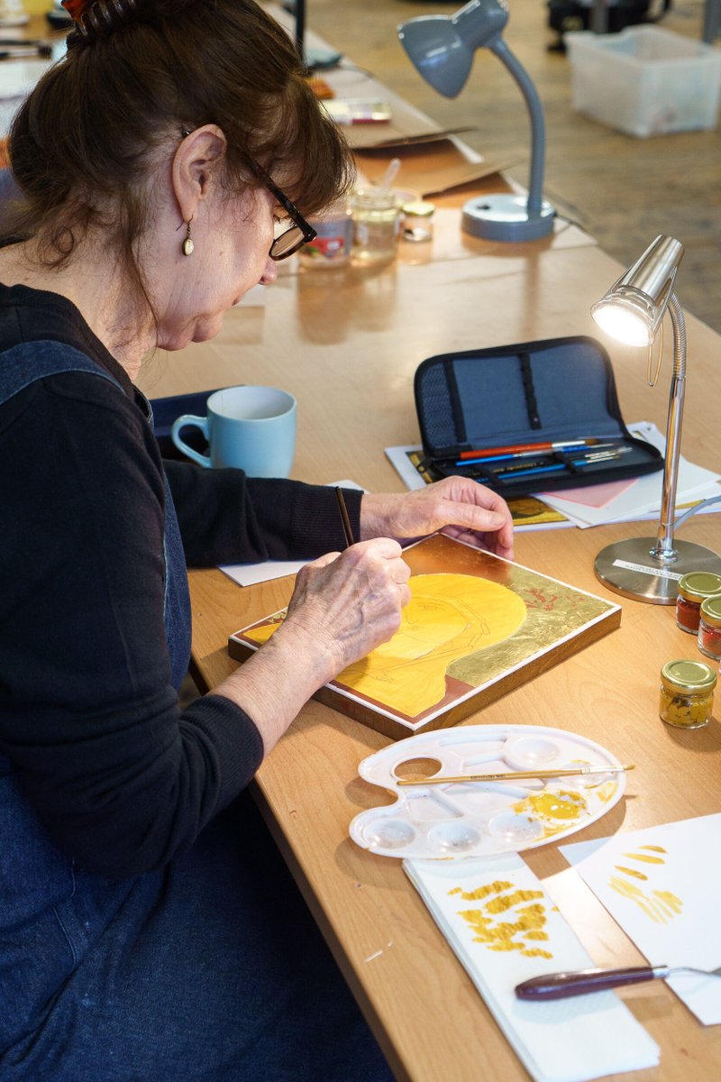 Students of The King's Foundation School of Traditional Arts' Open Programme recently undertook icon-painting, pictured here applying gold leaf to the background and transferring the design onto their gesso panel. To about the Open Programme, go to kings-foundation.org/school-of-trad…